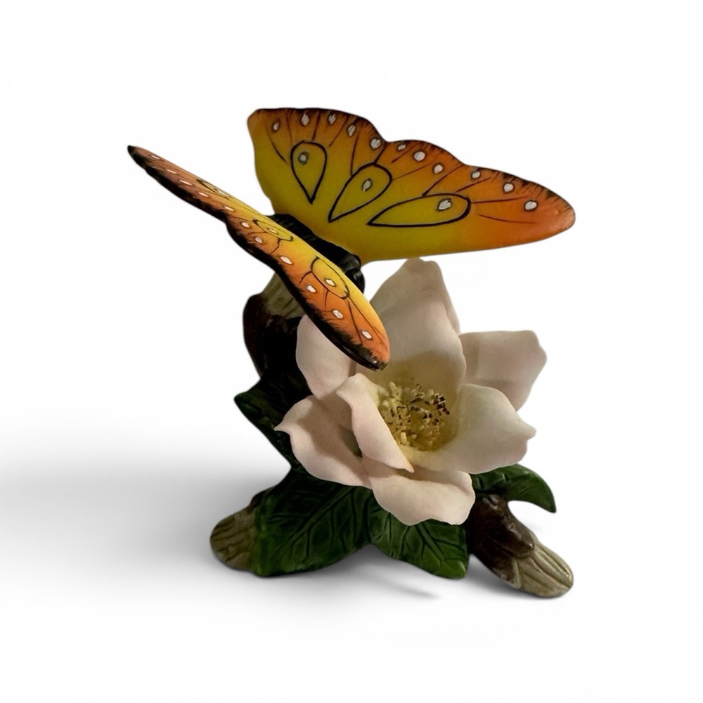 Vintage Porcelain Butterfly on Dogwood Flower Figurine Floral 2 1/2" Tall